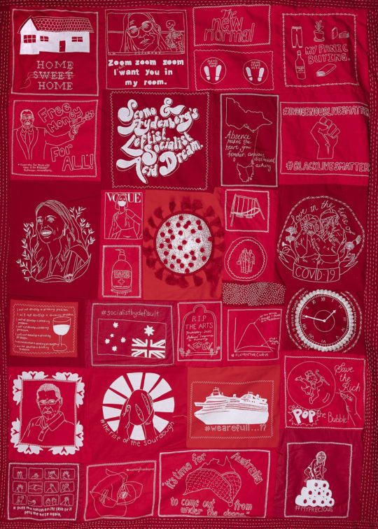 Nicole O'Loughlin,COVID Dis-Comforter, 2020. 150cm x 200cm. Hand embroidery, applique on cotton and linen.