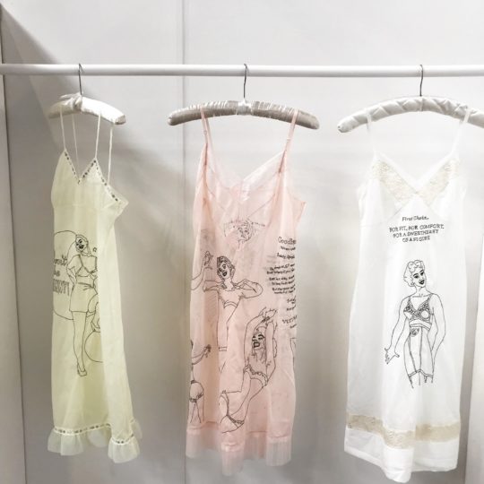 Vanessa Marr, Feminine Niceties, 2018. Hand embroidery. A collection of night dresses.