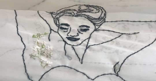 Vanessa Marr, Feminine Niceties (Detail), 2018. Hand embroidered illustrations. Vintage night dress.