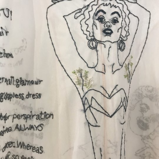 Vanessa Marr, Feminine Niceties (Detail), 2018. Hand stitched illustrations. Vintage night dress.