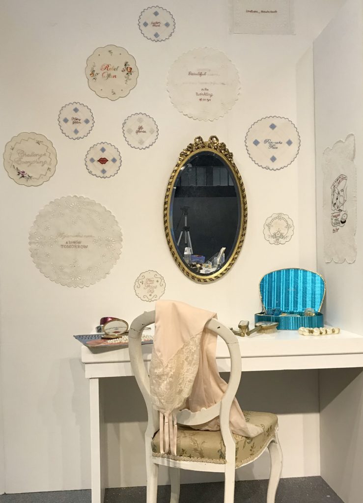 Vanessa Marr, As long as you’re beautiful!, 2018. Hand embroidery. Cotton dressing table cloths.
