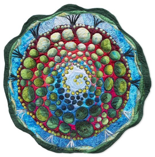 Lorraine Roy, Source, from Woven Woods: A Journey through the Forest Floor, 2015. 117cm (46”) diameter. Machine appliqué and embroidery, machine quilting.