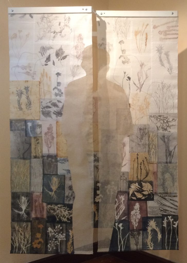 Monique Day-Wilde, A thread runs through it, 2018. 1500 x 2000mm. Botanical Prints on Paper, Collage and machine stitching.