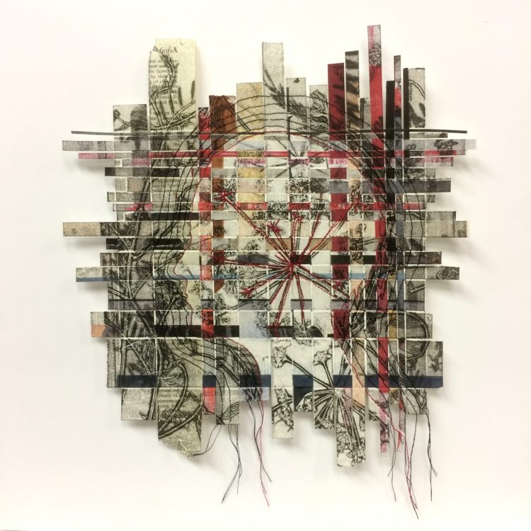 Monique Day-Wilde, Interface, 2018. 300 x 300mm. Mixed Media:  Botanical monoprinted woven paper with hand stitching.