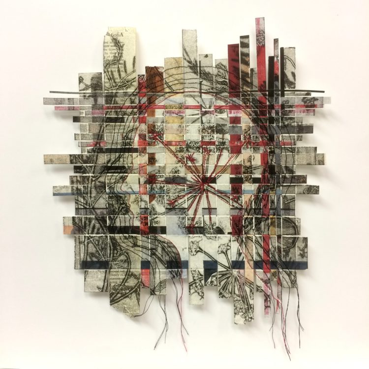Monique Day-Wilde, Interface, 2018. 300 x 300mm. Mixed Media: Botanical monoprinted woven paper with hand stitching.