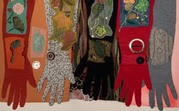 Sabine Kaner: Reunion-unity, 2020, 69 x 61 cms, Hand stitch, Paint, Print, Threads, Felt, Repurposed clothing