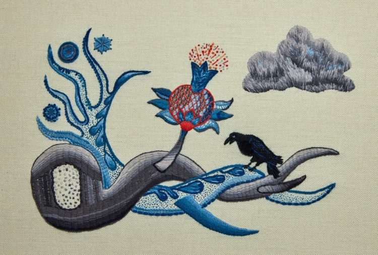 Andrea Mindel, One For Sorrow, 2020. 28cm x 38cm x 1.5cm (11" x 15" x 0.5"). Wool on Linen Twill, Jacobean Crewelwork.