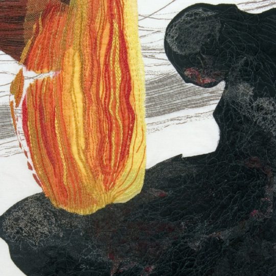 Henriette Ousbäck, The Keeper of the Fire, 2013. 40cm x 50cm (16” x 20”) Embroidery floss and threads. Fabric collage, hand embroidery, machine embroidery.
