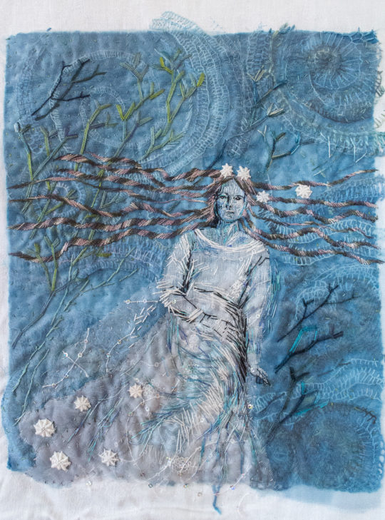 Henriette Ousbäck, Daughters of Ran (Aquatic Creature), 2017. 25cm x 35cm (10” x 14”) Embroidery floss and fine threads. Fabric collage and hand embroidery.