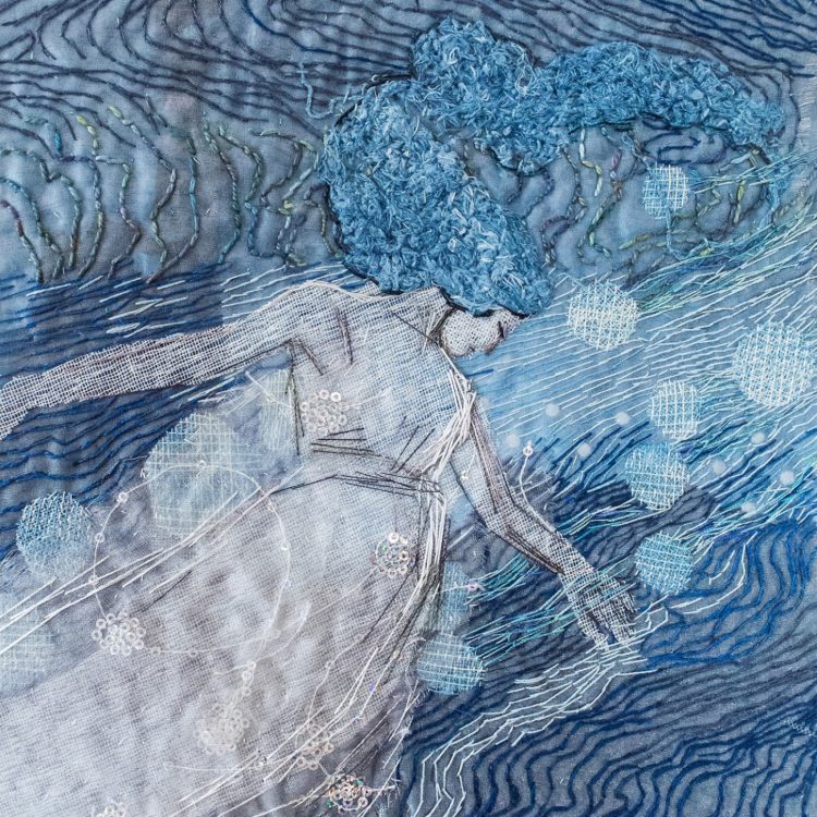 Henriette Ousbäck, Daughters of Ran (Aquatic Creature), 2017. 25cm x 35cm (10” x 14”) Embroidery floss, fine threads and tulle. Fabric collage and hand embroidery.