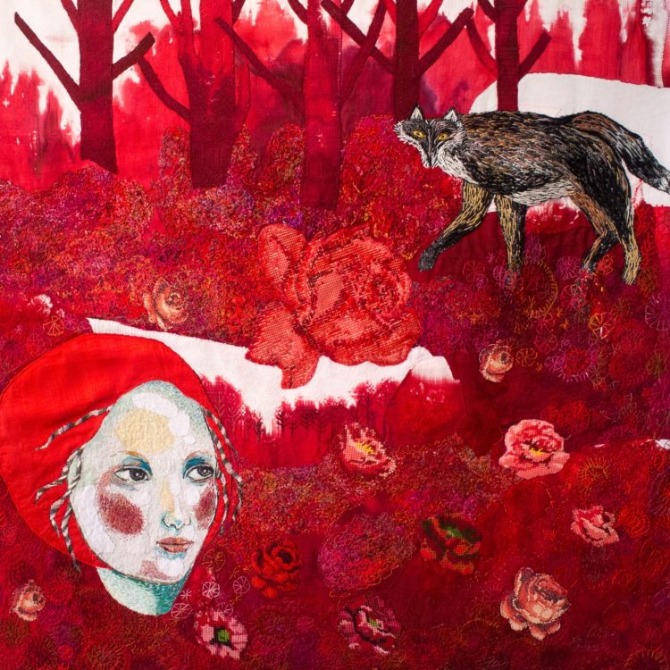 Henriette Ousbäck, Little Red Riding Hood, 2017. 90cm x 90cm (35” x 35”) Embroidery floss. Fabric collage and hand embroidery. 