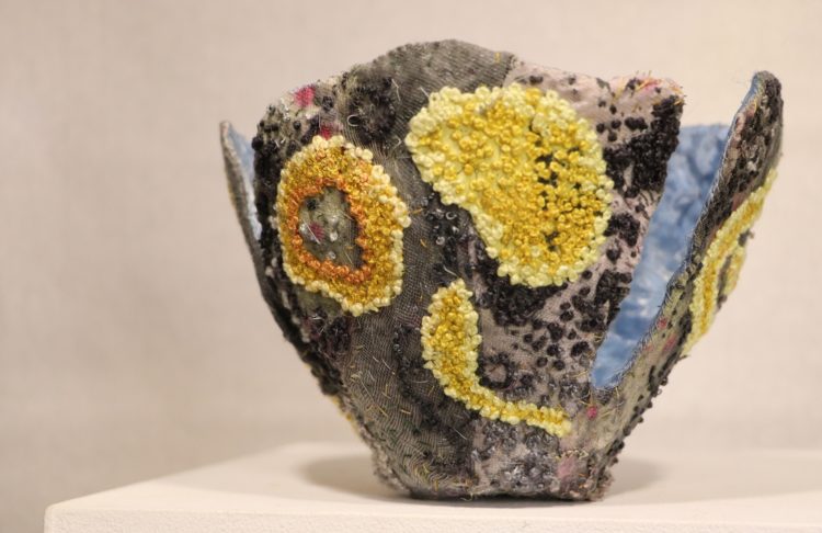 Henriette Ousbäck, Bowl, Lichen, 2016. Height 25cm (10”) Metal mesh, fabric, embroidery floss and threads. Fabric collage and hand embroidery (French knots).