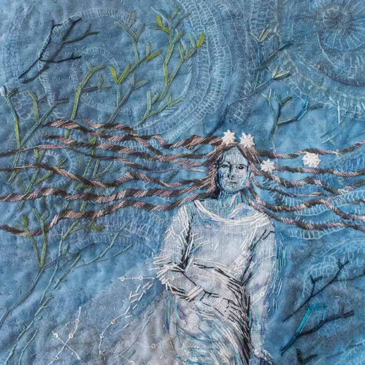 Henriette Ousbäck, Daughters of Ran (Aquatic Creature) (Detail), 2017. 25cm x 35cm (10” x 14”) Embroidery floss and fine threads. Fabric collage and hand embroidery.