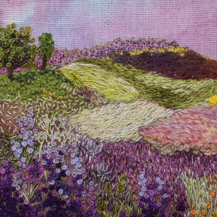 Heidi Ingram, Purple Landscape, 2017. 10cm x 10cm (4" x 4"). Hand stitch, paint, collage. Stranded cotton threads, linen fabric, paint.