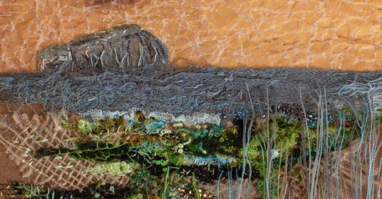 Heidi Ingram, Bass Rock (detail), 2020. 28cm x 24cm (11" x 9½"). Hand stitch, paint, collage. Stranded cotton threads, cotton fabric.