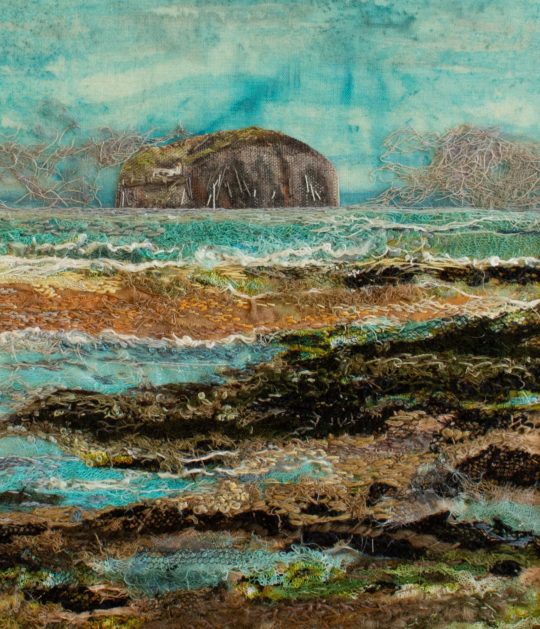Heidi Ingram, Bass Rock, 2020. 28cm x 24cm (11" x 9½"). Hand stitch, paint, collage. Stranded cotton threads, cotton fabric.