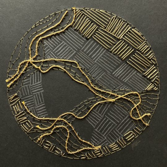 Jean Rill-Alberto, Goldwork on Black, 2022. 18cm x 18cm (7” x 7”). Hand stitching metallic threads on black paper. Black paper, gold leaf Japanese thread, metallic threads.