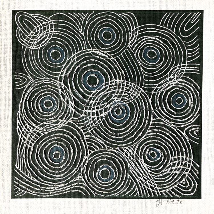 Jean Rill-Alberto, Spiraling, 2022. 15cm x 15cm (6” x 6”). Hand stitched spiral design on paper. Black woven paper, sashiko threads, coloured pencil.