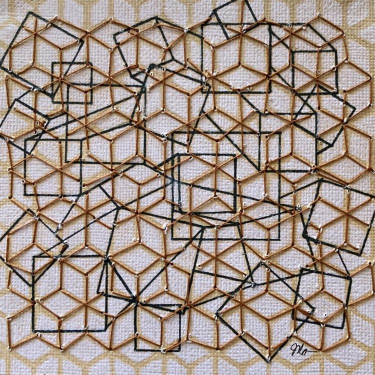 Jean Rill-Alberto, Stitch meditation 36, 2020. 15cm x 15cm (6” x 6”). Drawing and hand stitching on paper. Patterned paper, black pen, gold thread.