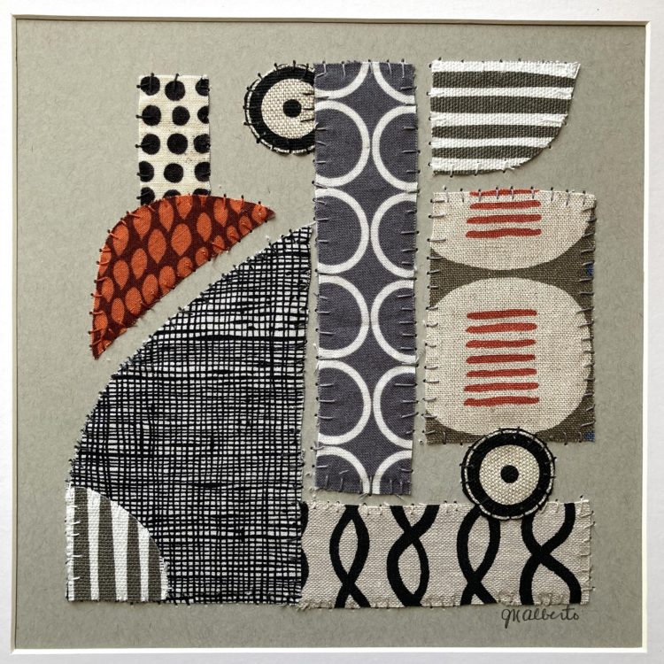 Jean Rill-Alberto, Stitch Meditation 33, 2021. 20cm x 20cm (8” x 8”). Fabric pieces hand stitched on paper. Heavyweight mixed media paper, fabrics, paper pieces, threads.
