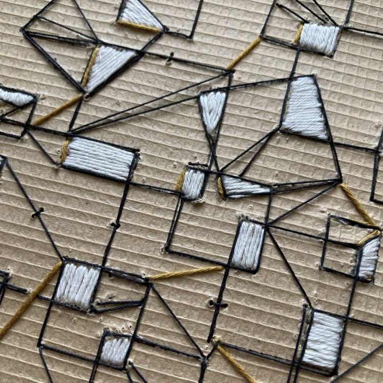 Jean Rill-Alberto, Stitch Meditation 18 (detail). 2020. 15cm x 15cm (6” x 6”). Hand stitching on paper. Woven paper, black, gold and white threads.