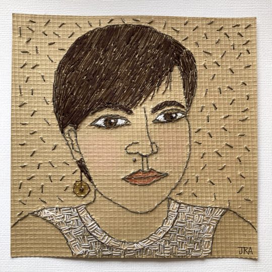 Jean Rill-Alberto, Stitched Meditation 16 – Self-Portrait, 2020. 15cm x 15cm (6” x 6”). Pencil drawing on paper, hand stitching. Woven paper, threads, coloured pencil.
