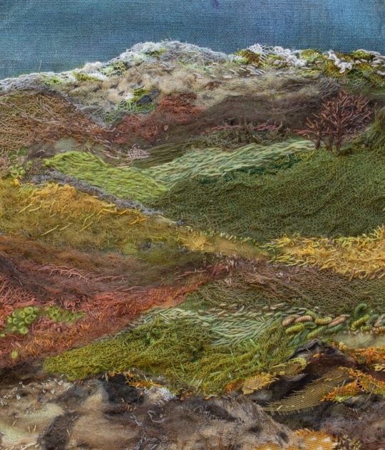 Heidi Ingram, Killin by Loch Tay work in progress, 2022. 18cm x 18cm (7" x 7"). Hand stitch, paint, collage. Stranded cotton threads, linen fabric, paint.