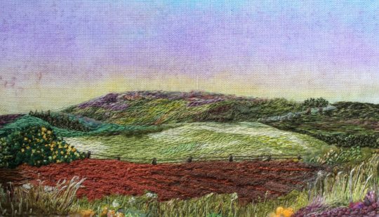 Heidi Ingram, Spring Greens, 2019. 25cm x 13cm (10" x 5"). Hand stitch, paint, collage. Stranded cotton.