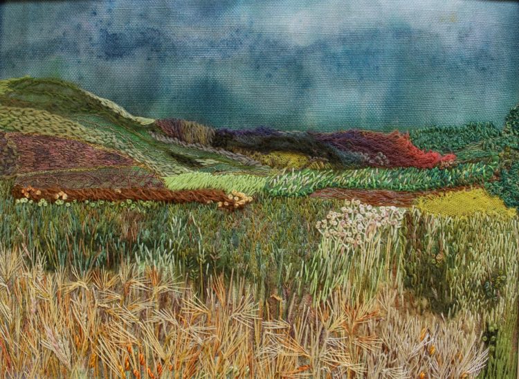 Heidi Ingram, West Mains Barley, 2018. 23cm x 27cm (9" x 10½"). Hand stitch, machine stitch, paint, collage. Stranded cotton and linen threads, crewel wool, linen fabric, paint, wool, fabric scraps.