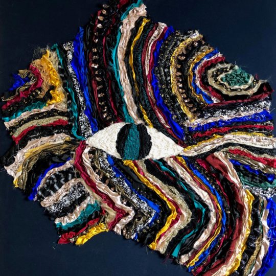 Jenny McIlhatton, Hatshepsut, 2021. 71cm x 65cm (28" x 25½"). Appliqué, hand embroidery. Recycled fabrics.