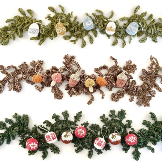 Jake Henzler, Seasonal Garlands Set, 2021. Leaf tip to leaf tip: 10cm x 10cm (4" x 4"). Knitting, double-pointed needles, colourwork. Wool, acrylic and cotton yarn, stuffing.