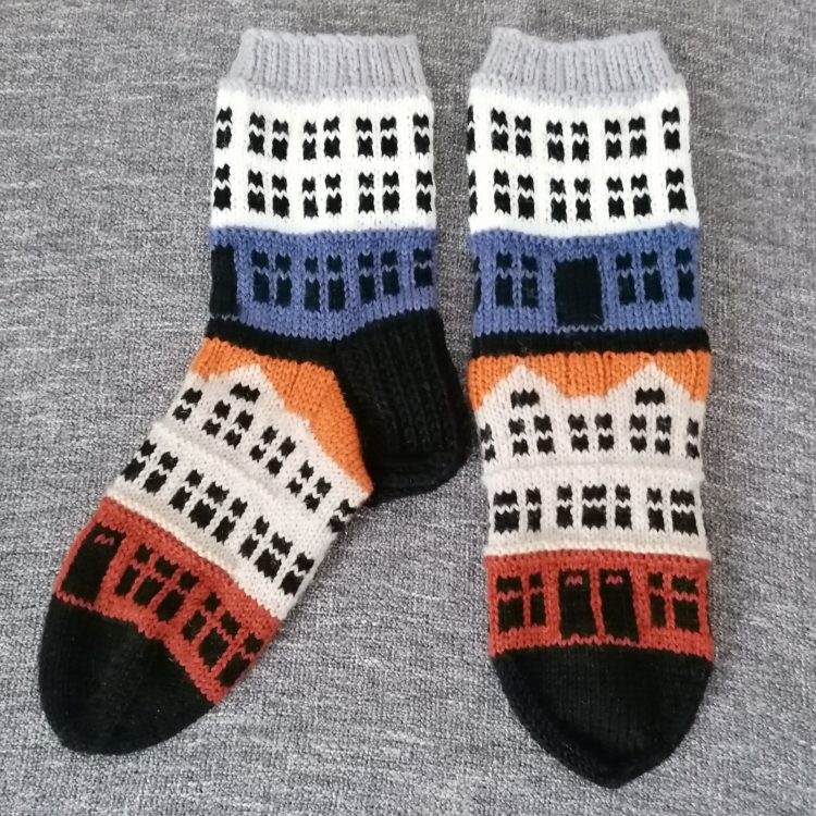 Marja-Leena Kejonen, Copenhagen Building Block Socks (from Jake Henzler's pattern), 2021. Knitting, colourwork. Yarn.
