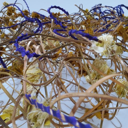 Siân Martin, Jemila’s Forest, 2021. 100cm x 100 cm (39" x 39"). Stripped willows, fabric, yarns. Steamed willow sculpture, wrapped with fabrics and threads.