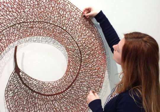 Meredith Woolnough, Scribbly Gum Leaf (installation). 2014. 100cm (40”) diameter. Freehand machine embroidery on water-soluble fabric. Embroidery thread and pins.