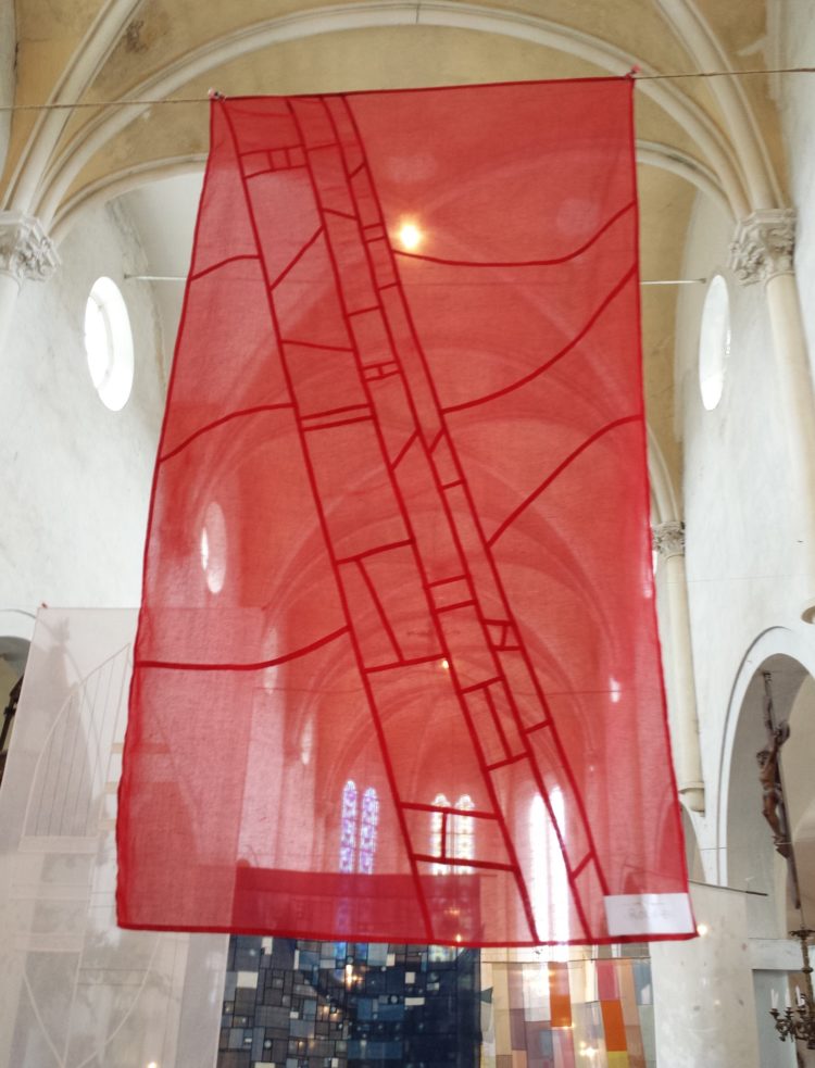 Maryse Allard, Red Path. 2016. 60cm x 120cm (24” x 47”). Bojagi whip stitch. Organdy.