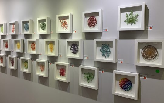 Meredith Woolnough, The 100 Embroideries Project, 2020. 100 artworks, each measuring 20cm x 20cm (8” x 8”). Freehand machine embroidery on water-soluble fabric. Embroidery thread and pins on paper.