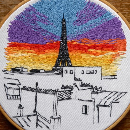 Charles-Henry and Elin Petronella, Charles-Henry - Burning Sky Paris, 2019. 15cm diameter (6"). Running stitch, backstitch, satin stitch. Cotton canvas, DMC mouliné.