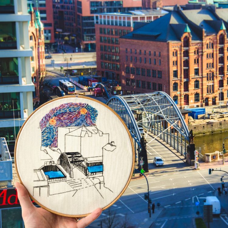 Charles-Henry and Elin Petronella, Charles-Henry - Bridge in Hamburg Embroidery, 2022. 23cm diameter (9”). Watercolour painting, backstitch, split stitch, straight stitch. Cotton fabric, DMC cotton mouliné.