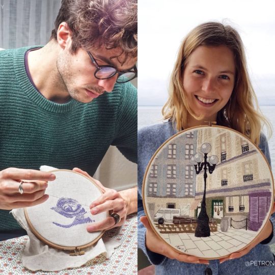Charles and Elin Petronella stitching their embroideries, Saint-Germain-des-Prés and Knotted Eye, 2019. 30cm diameter (12”), 15cm diameter (6”). Straight stitch, split stitch, French knots. DMC cotton mouliné.
