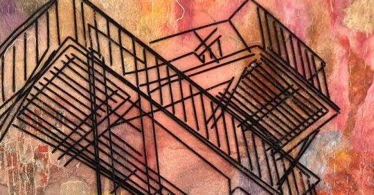 Natalya Khorover, Iron Spine 13 (detail), 2021. 41cm x 30cm. (16" x 12"). Collage, hand stitch. Fabric scraps, dryer sheets, thread, canvas.