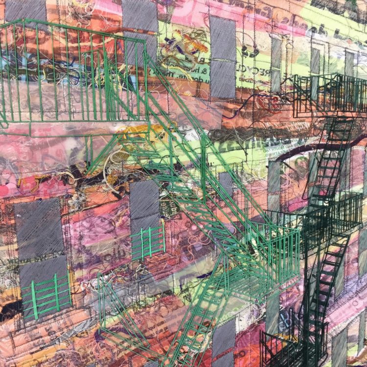 Natalya Khorover, Iron Spine: Hot in the City, 2017. 46cm x 46cm (18" x 18"). Collage, machine stitch, hand stitch. Fabric scraps, single-use plastic, thread, canvas.