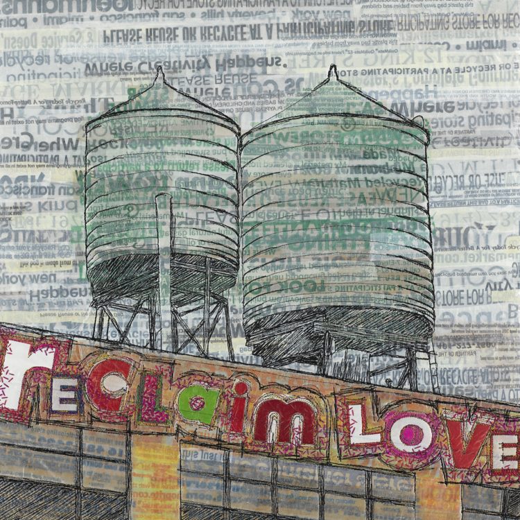Natalya Khorover, Iron Vessels: Reclaim Love, 2018. 46cm x 46cm (18" x 18"). Collage, machine stitch, hand stitch. Single-use plastic, thread, canvas.