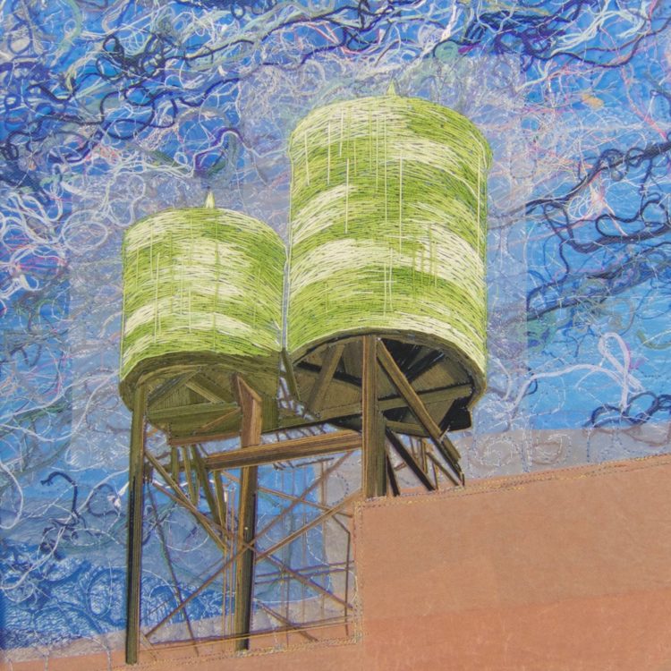 Natalya Khorover, Iron Vessels: Storm Brewing, 2017. 30cm x 30cm (12" x 12"). Collage, machine stitching, hand stitching. Single-use plastic, paper, thread, canvas.