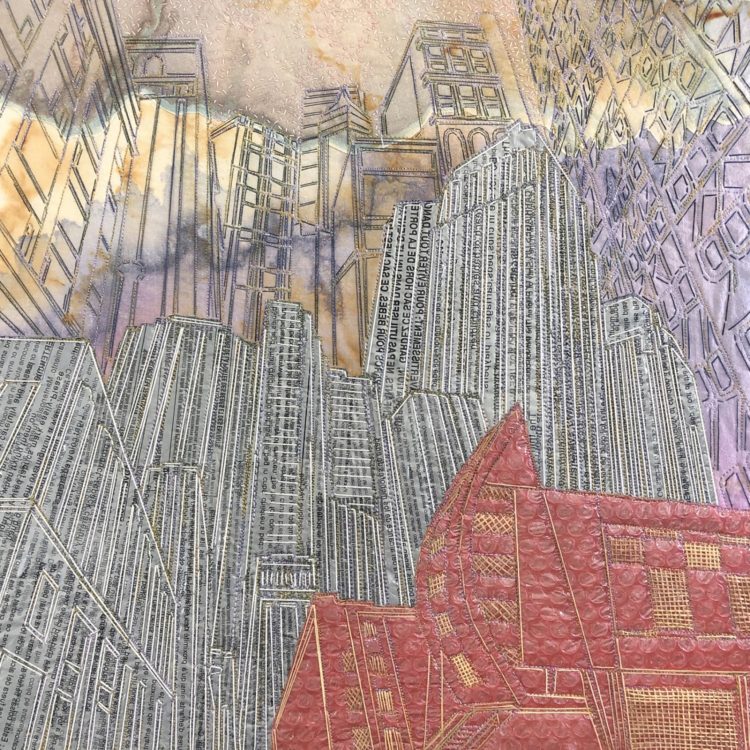 Natalya Khorover, Reflections 5, 2021. 46cm x 46cm (18" x 18"). Collage, machine stitch, hand stitch. Single-use plastic, fabric, thread, canvas.