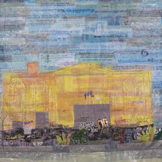 Natalya Khorover, Rhetoric, 2015. 102cm x 102cm (40" x 40"). Collage, machine stitch. Single-use plastic, thread, canvas.