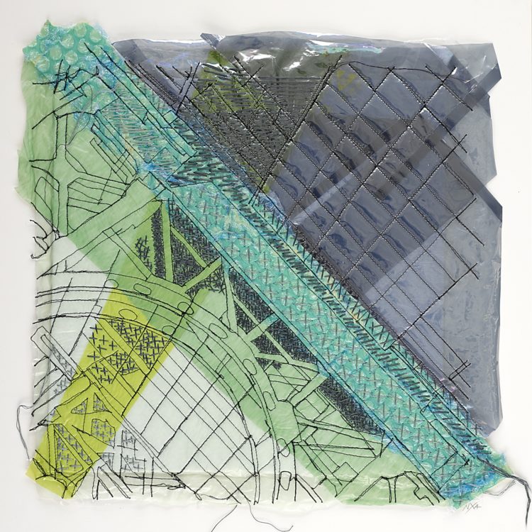 Natalya Khorover, Vertigo 1, 2019. 38cm x 38cm (15" x 15"). Collage, machine stitching, hand stitching. Single-use plastic, thread, mat board.