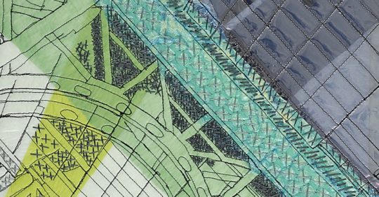 Natalya Khorover, Vertigo 1, 2019. 38cm x 38cm (15" x 15"). Collage, machine stitching, hand stitching. Single-use plastic, thread, mat board.