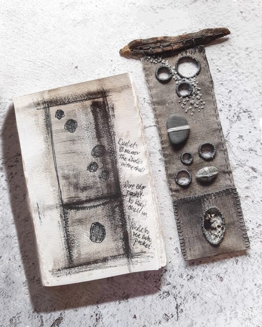 Anne Brooke, Memories from Shell Island (from a Stitch Club workshop by Debbie Lyddon), 2020. 10cm x 25cm (4" x 10"). Painted fabric and hand stitch. Calico, paint, wire, threads, driftwood, pebbles and shell. Photo: Anne Brooke.