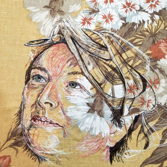 Anne Brooke, Self portrait inspired by Stitch Club workshops by Emily Tull and Ailish Henderson (detail), 2021. 30cm x 30cm (12" x 12"). Hand stitch. Vintage Sanderson fabric and embroidery threads. Photo: Anne Brooke.