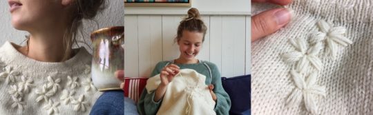 Charles-Henry and Elin Petronella, Elin embroidering a flower onto a jumper.